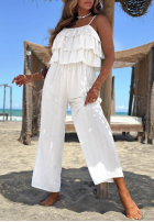 Długi Jumpsuit wide leg na ramiączkach z falbankami Ocean Charm Beige