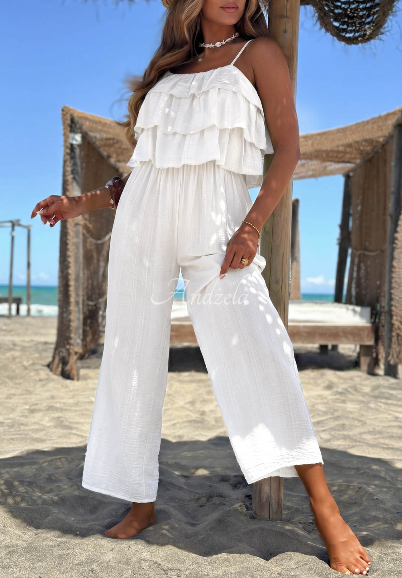Langer Viskose-Jumpsuit mit Trägern und Rüschen Ocean Charm Weiß