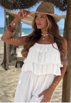 Długi Jumpsuit wide leg na ramiączkach z falbankami Ocean Charm Beige