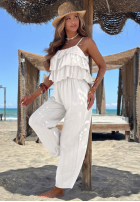 Długi Jumpsuit wide leg na ramiączkach z falbankami Ocean Charm Beige