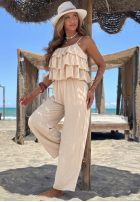 Długi Jumpsuit wide leg na ramiączkach z falbankami Ocean Charm Beige