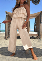 Długi Jumpsuit wide leg na ramiączkach z falbankami Ocean Charm Beige