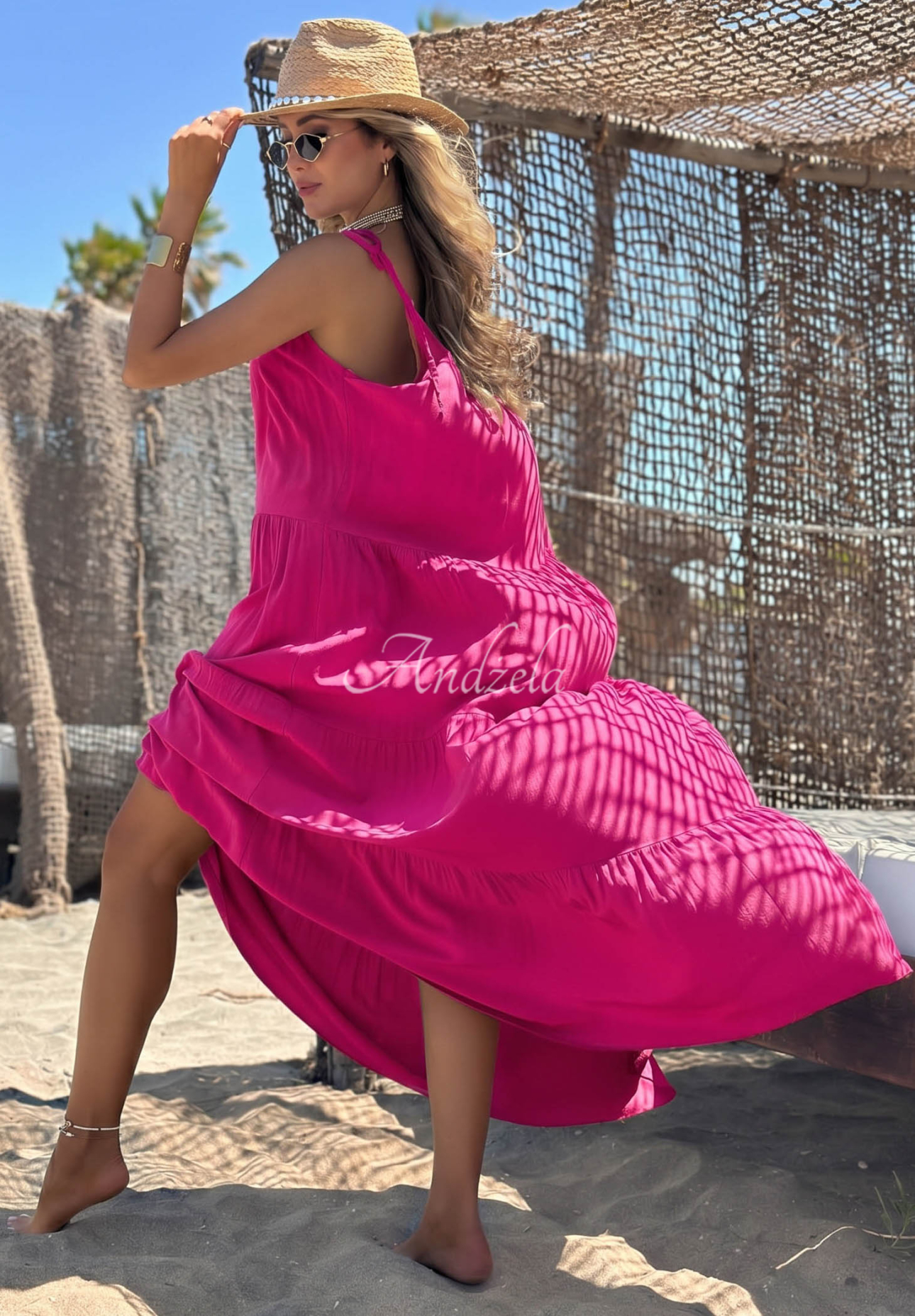 Viskosekleid mit Trägern und Rüschen Summer Club Fuchsia