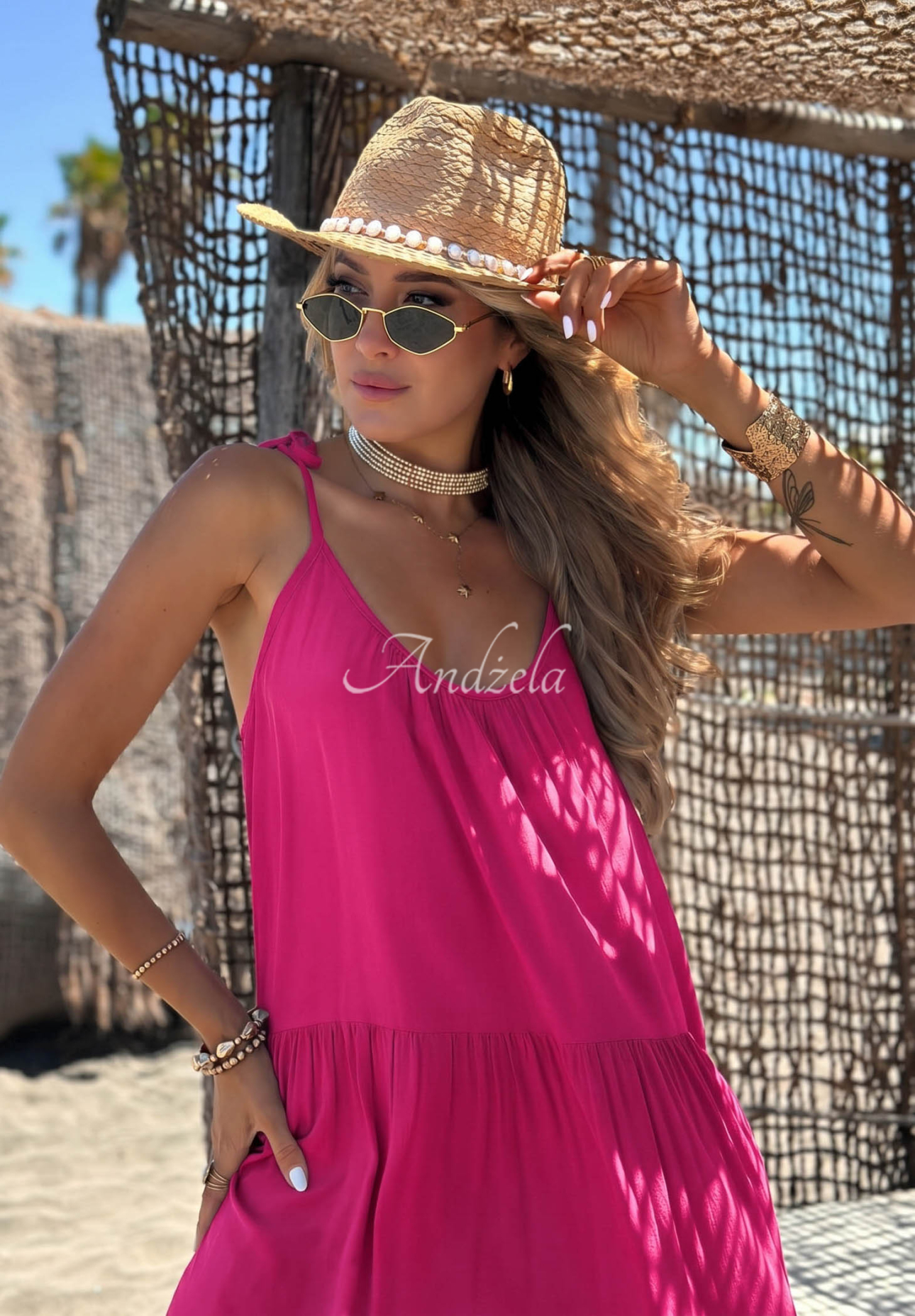 Viskosekleid mit Trägern und Rüschen Summer Club Fuchsia
