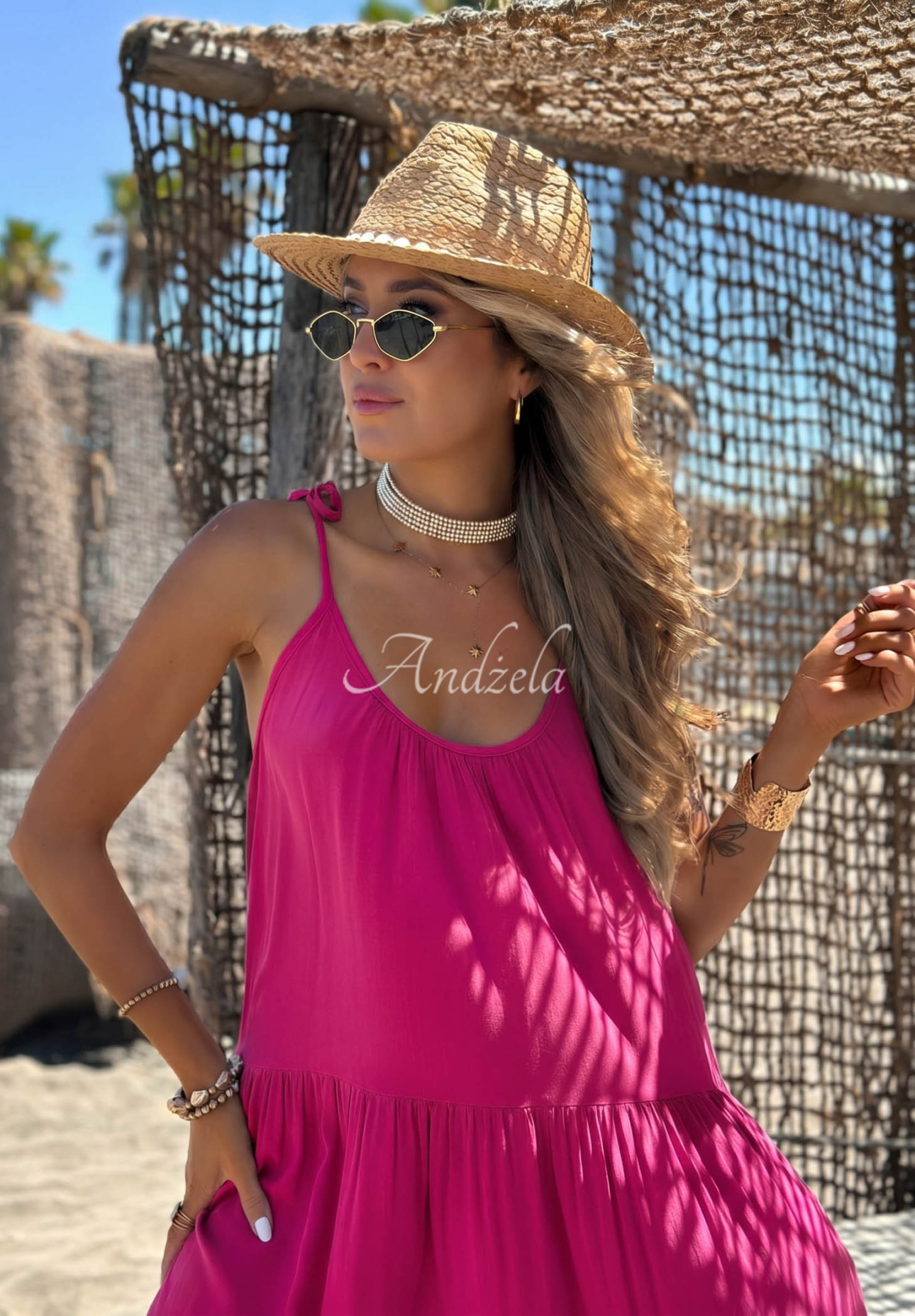 Viskosekleid mit Trägern und Rüschen Summer Club Fuchsia
