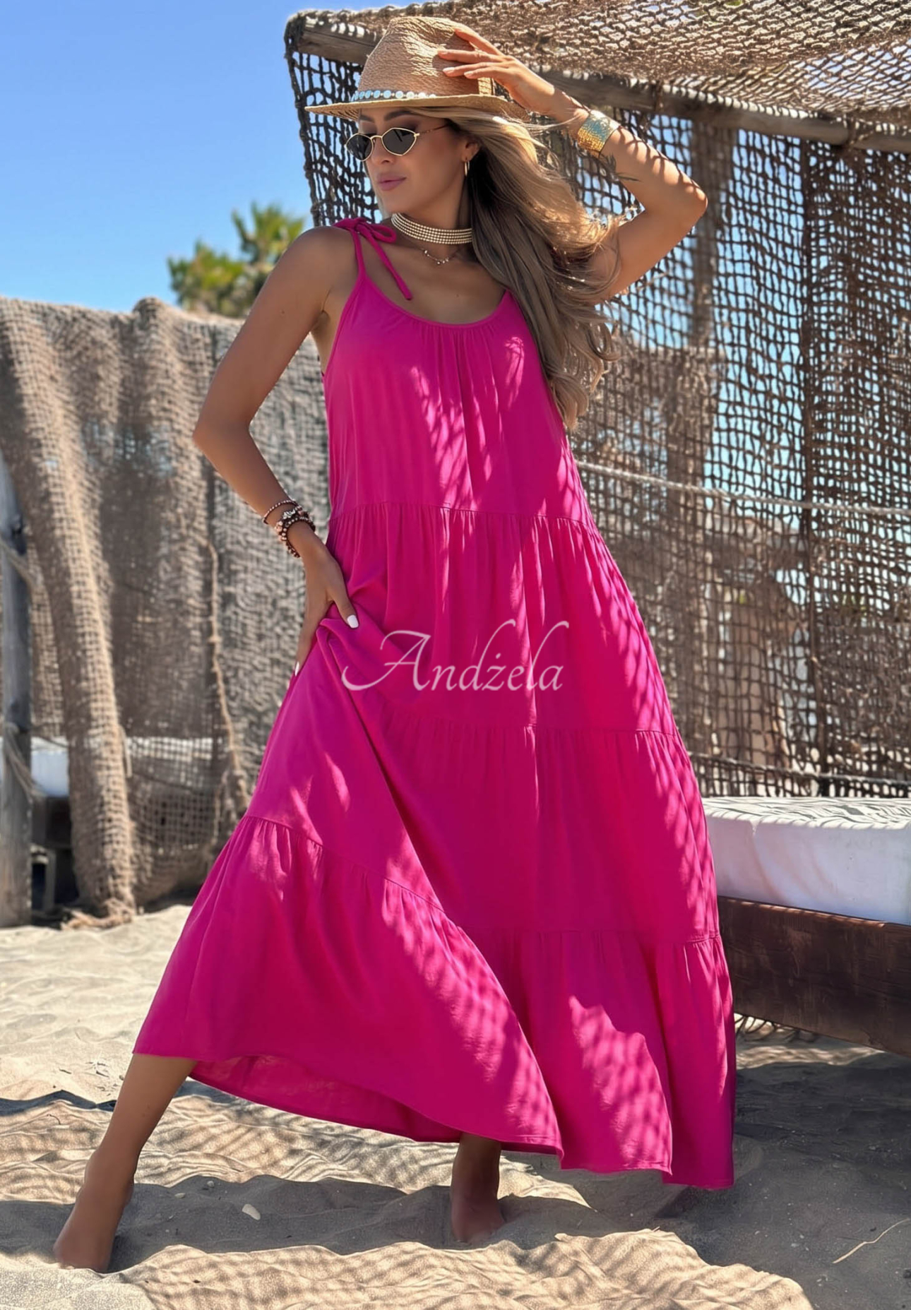 Viskosekleid mit Trägern und Rüschen Summer Club Fuchsia