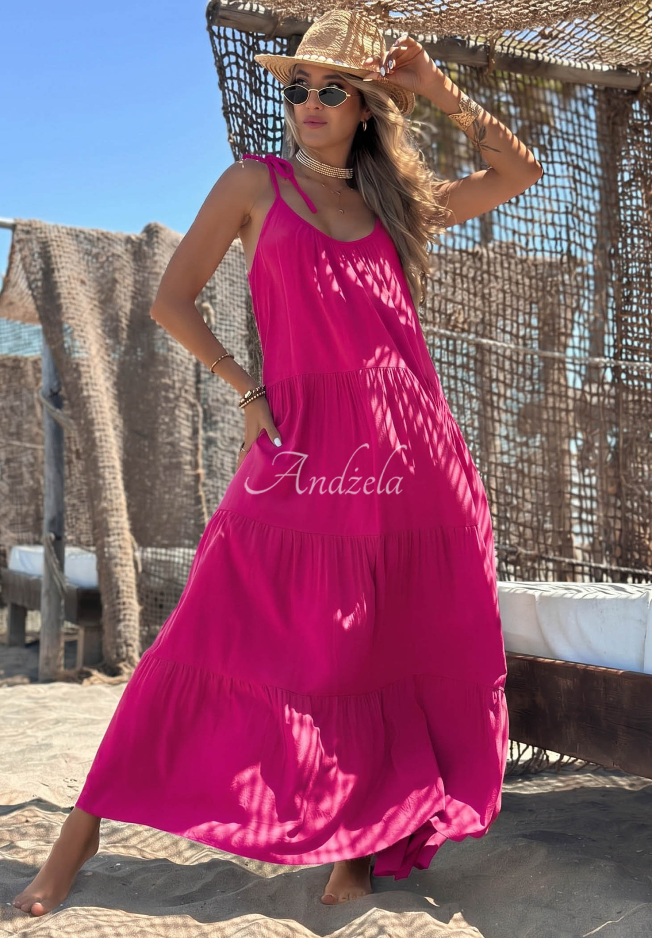 Viskosekleid mit Trägern und Rüschen Summer Club Fuchsia