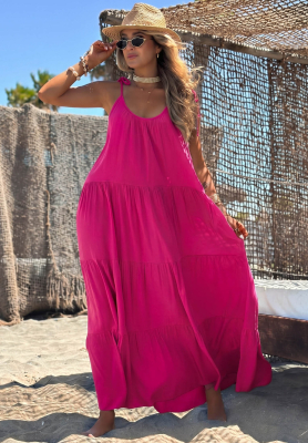 Viskosekleid mit Tr&auml;gern und R&uuml;schen Summer Club Fuchsia