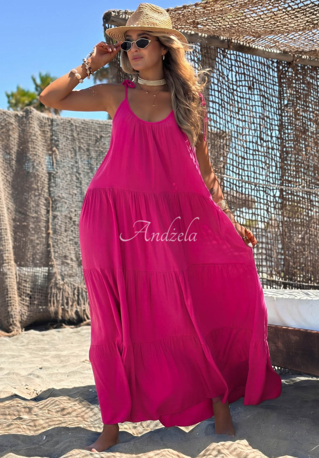 Viskosekleid mit Tr&auml;gern und R&uuml;schen Summer Club Fuchsia