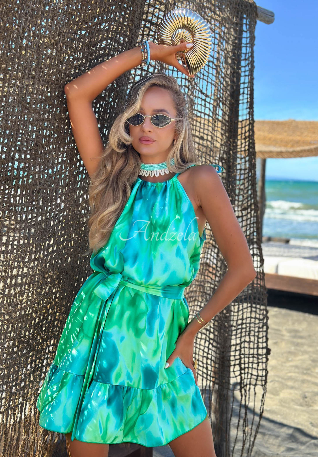 Gemustertes Minikleid mit Trägern aus Viskose Lagoon Breeze grün-blau