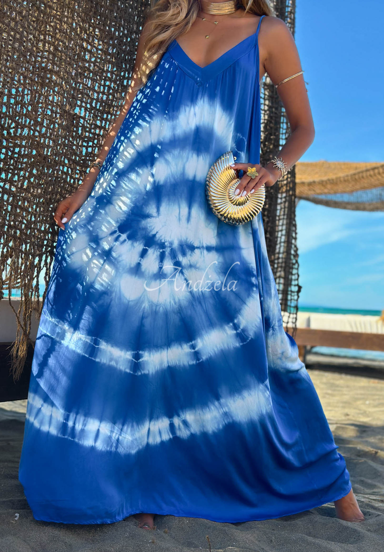 Maxikleid aus Viskose mit Batikmuster und Trägern Deep Sea Kobaltblau-weiß