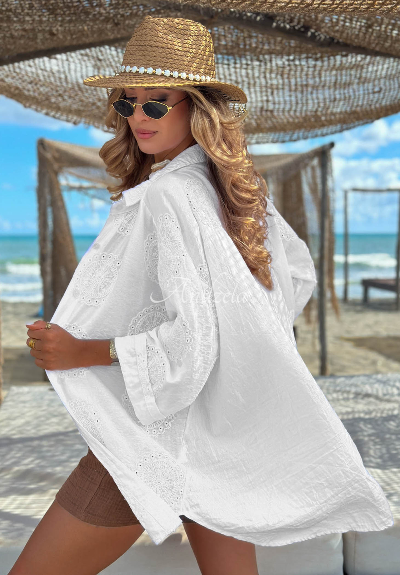 Besticktes Boho-Baumwollhemd Ti Amo Weiß
