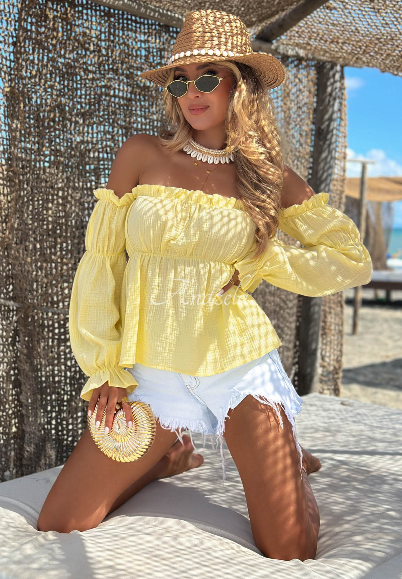 Offshoulder Musselinbluse Beach Air Gelb