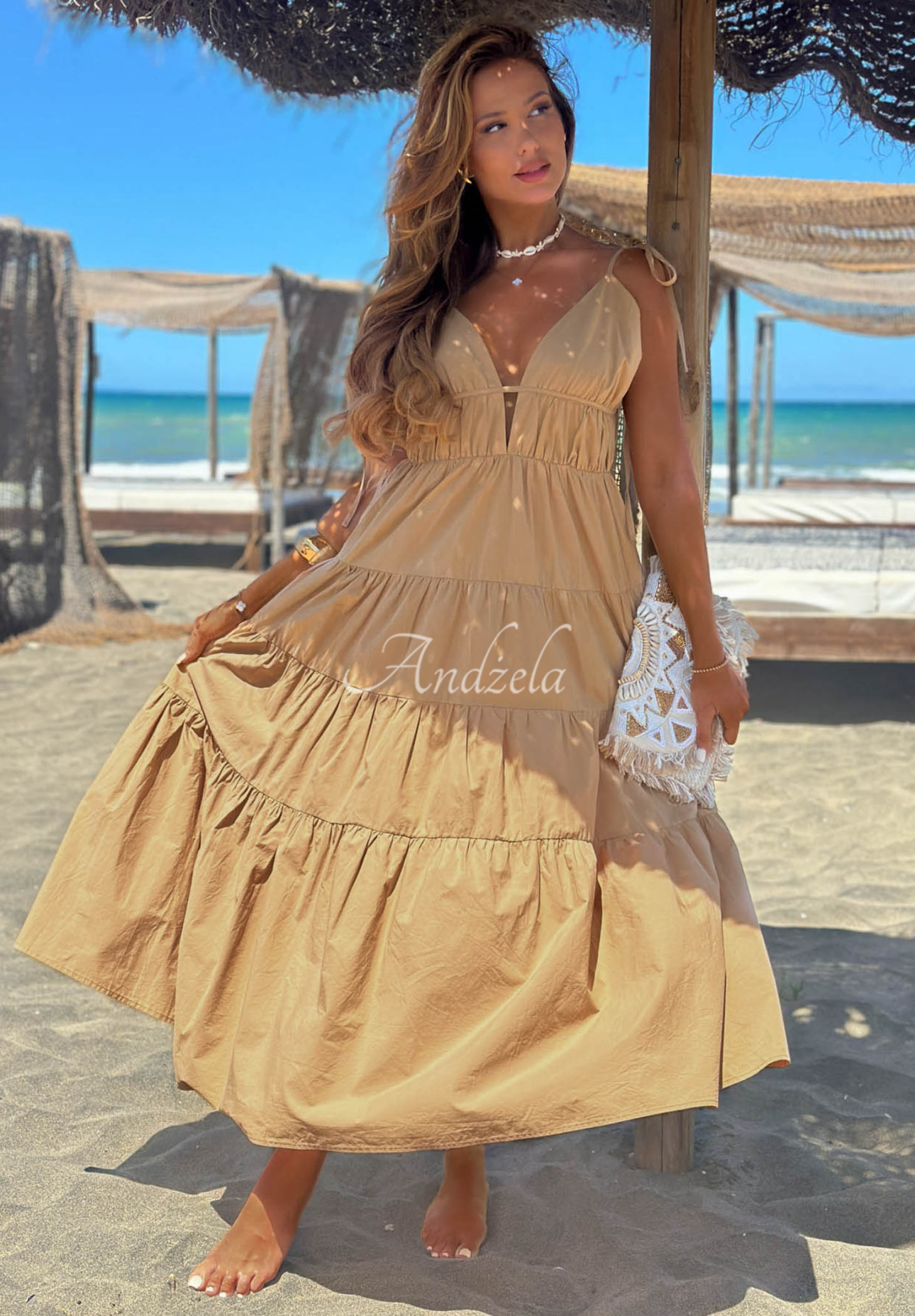 Maxikleid aus Baumwolle mit Trägern und Rüschen Summer Pearl Beige