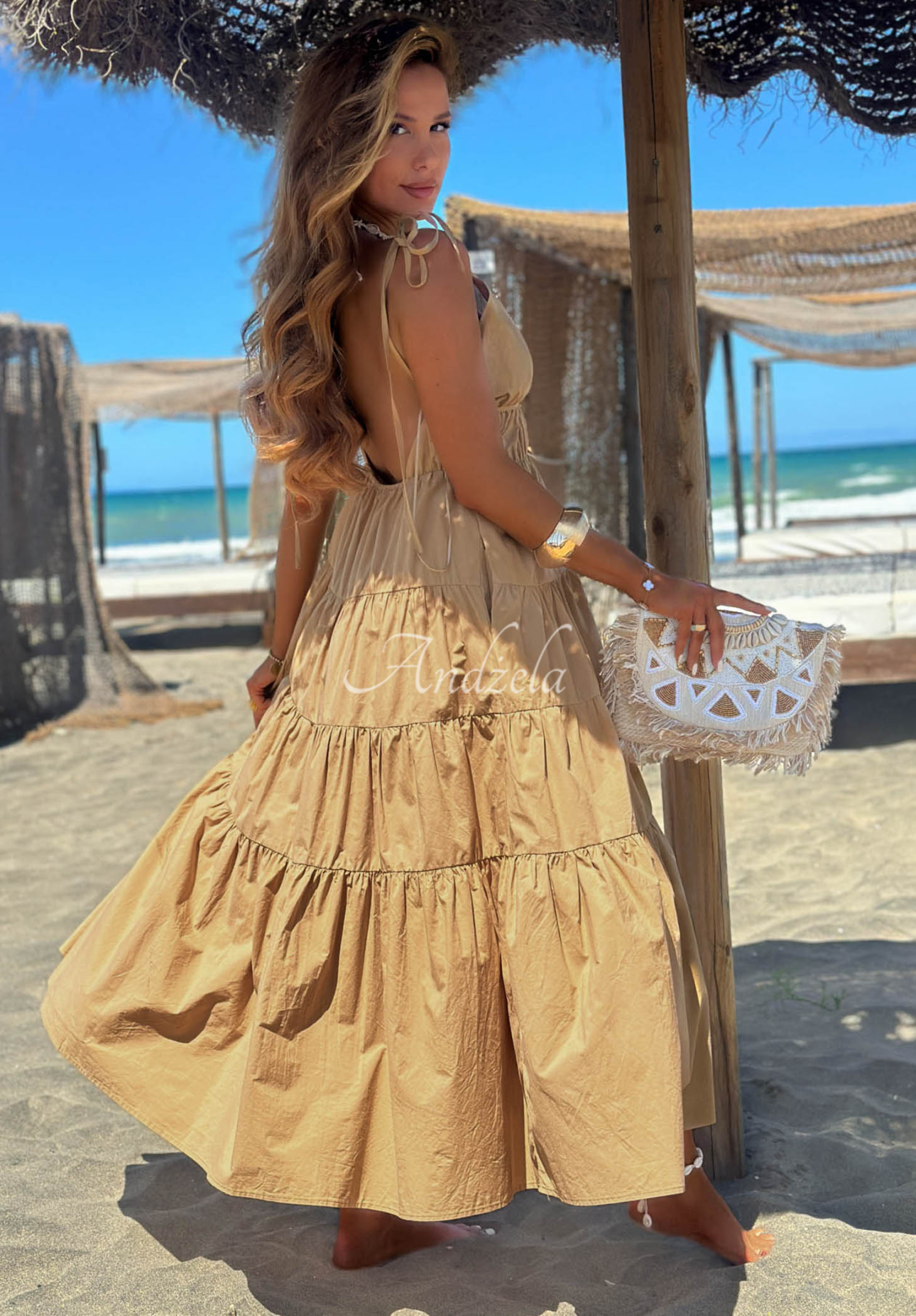 Maxikleid aus Baumwolle mit Trägern und Rüschen Summer Pearl Beige