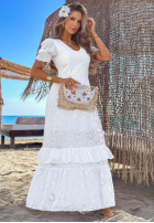 Ażurowa Kleid maxi z bufkami boho Pearl Glow Weiß