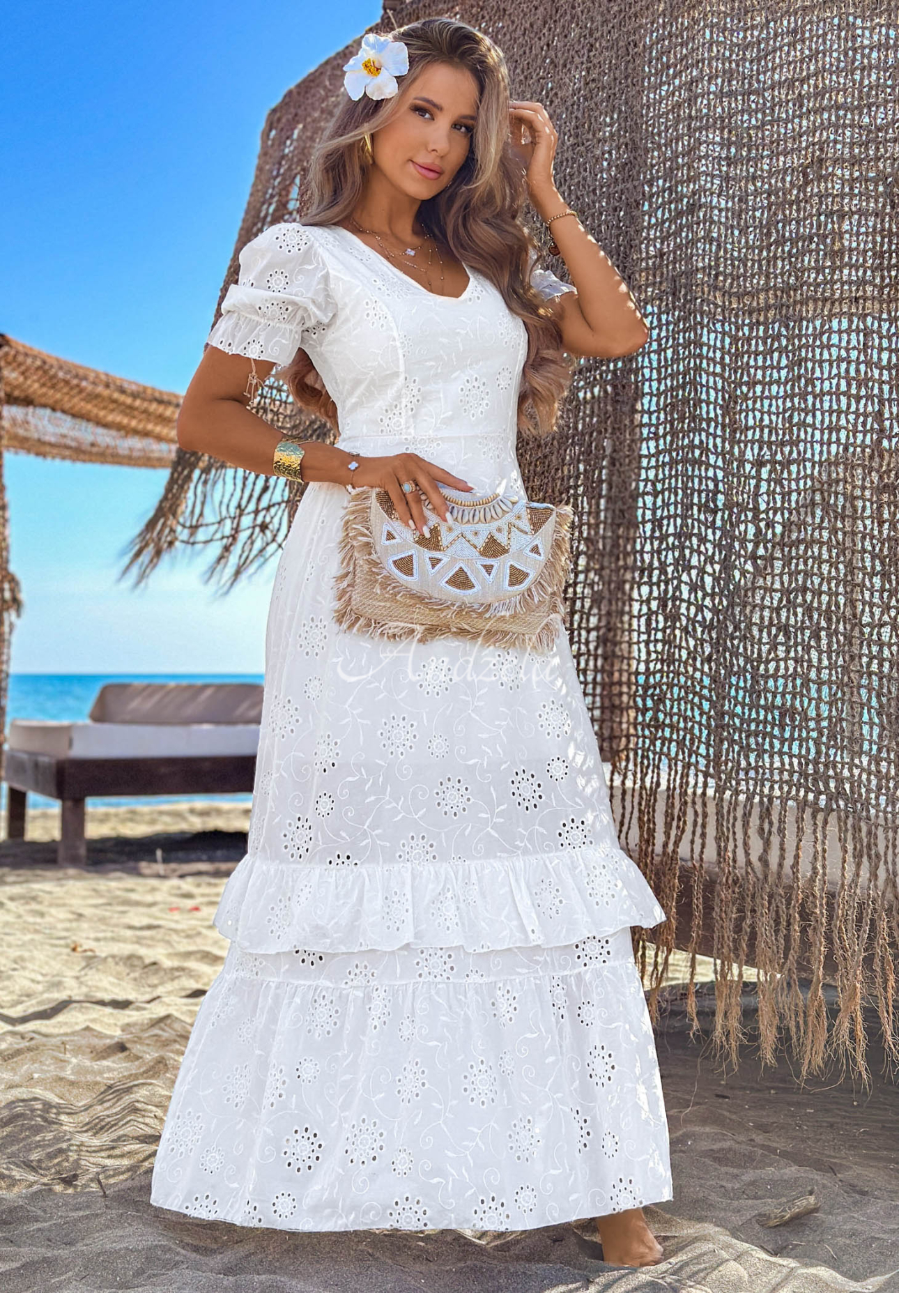 Maxikleid mit Lochmuster und Puffärmeln boho Pearl Glow Weiß