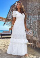 Ażurowa Kleid maxi z bufkami boho Pearl Glow Weiß