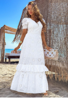 Ażurowa Kleid maxi z bufkami boho Pearl Glow Weiß