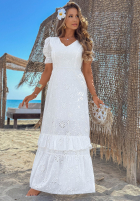 Ażurowa Kleid maxi z bufkami boho Pearl Glow Weiß