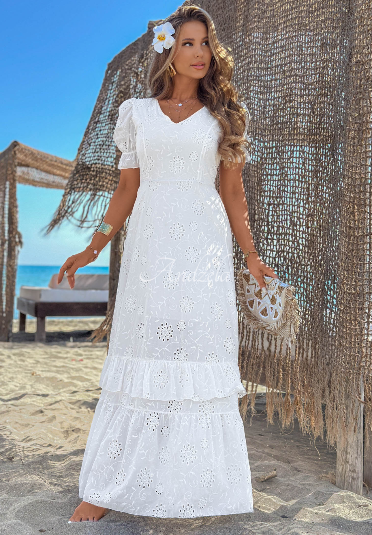 Maxikleid mit Lochmuster und Puffärmeln boho Pearl Glow Weiß