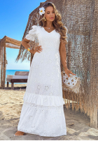 Ażurowa Kleid maxi z bufkami boho Pearl Glow Weiß