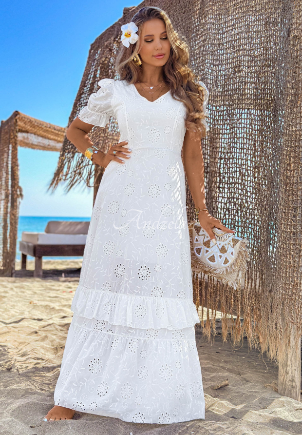 Maxikleid mit Lochmuster und Puff&auml;rmeln boho Pearl Glow Wei&szlig;