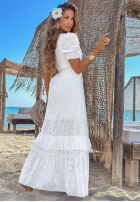 Ażurowa Kleid maxi z bufkami boho Pearl Glow Weiß