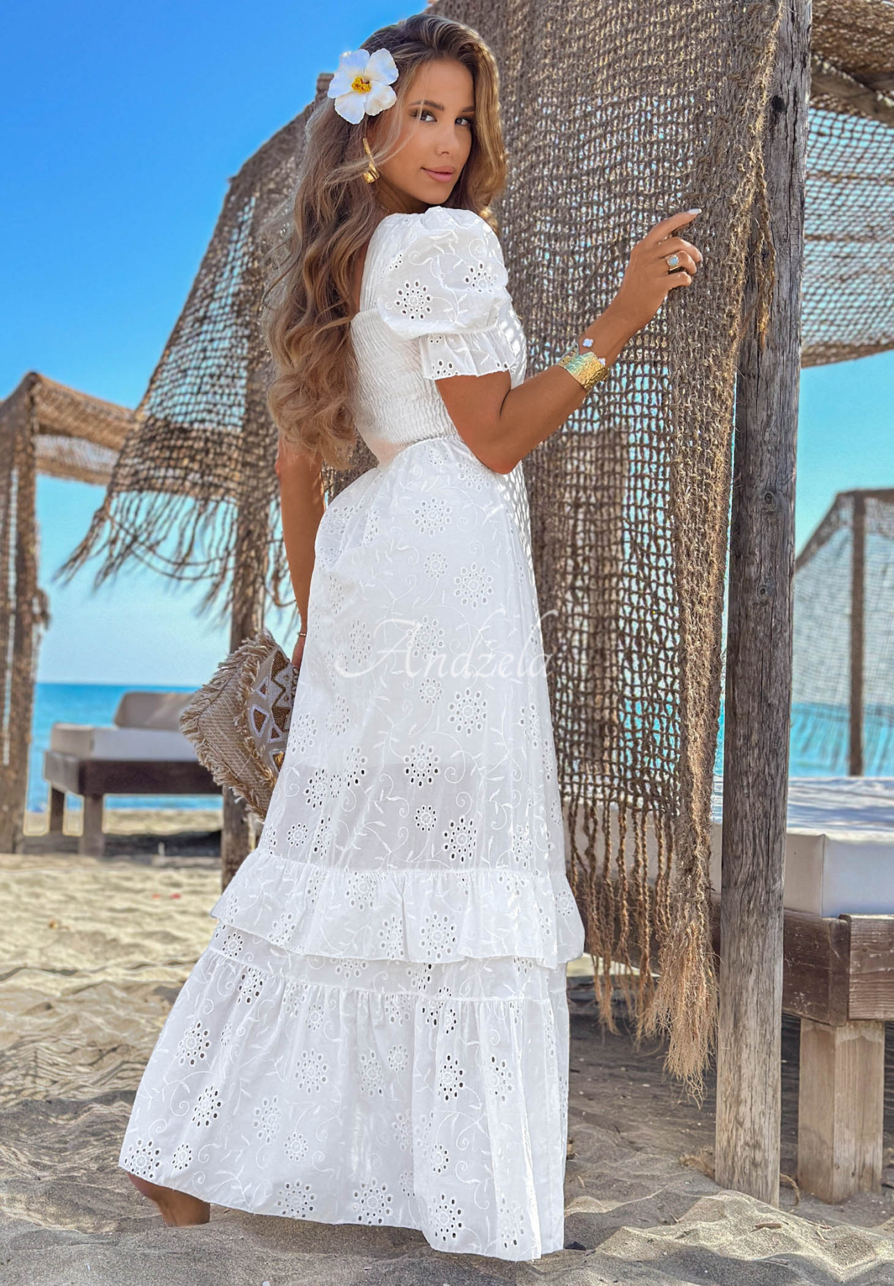 Maxikleid mit Lochmuster und Puffärmeln boho Pearl Glow Weiß