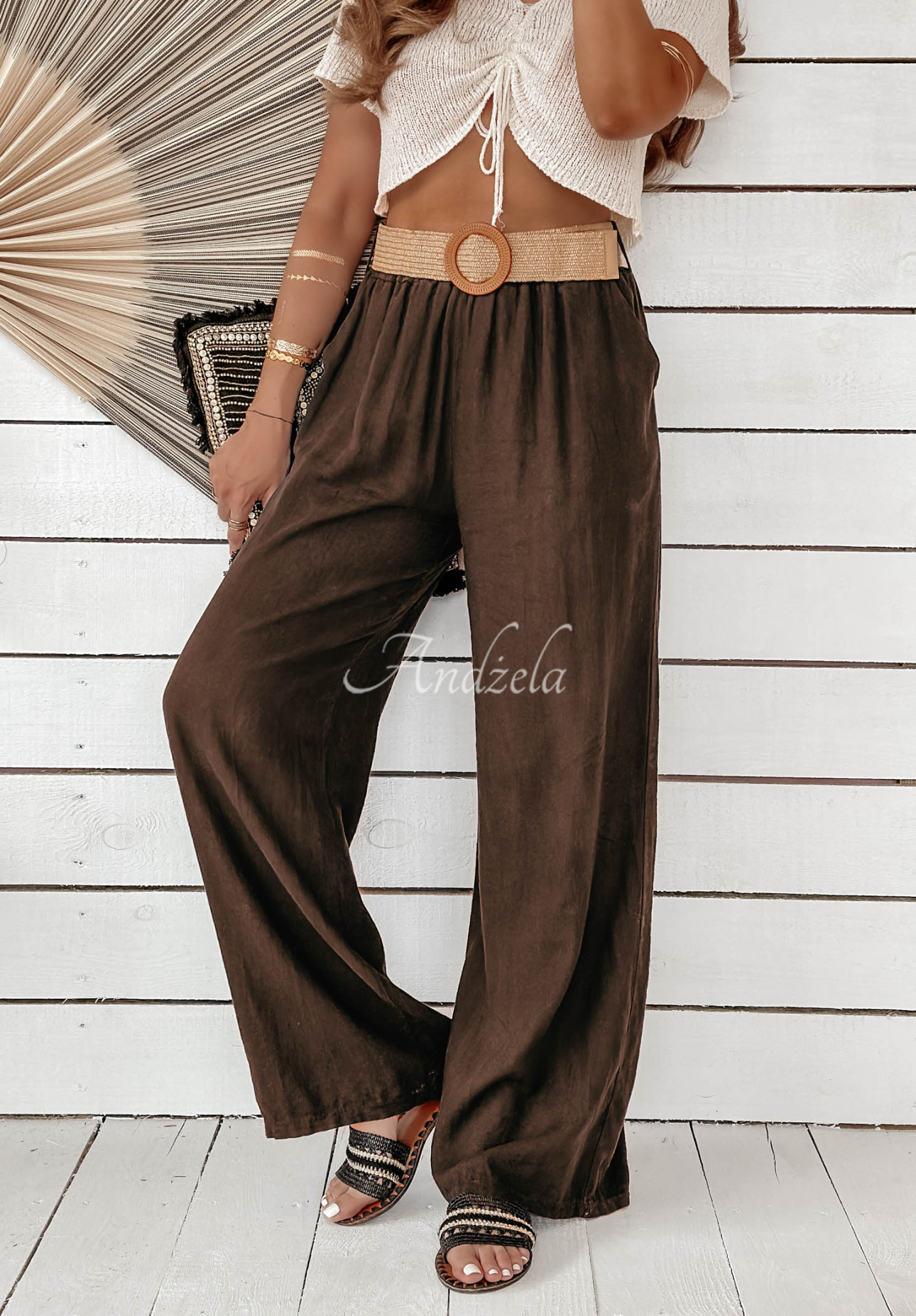 Weite Leinenhose mit Gürtel Total Trip Schokoladenbraun