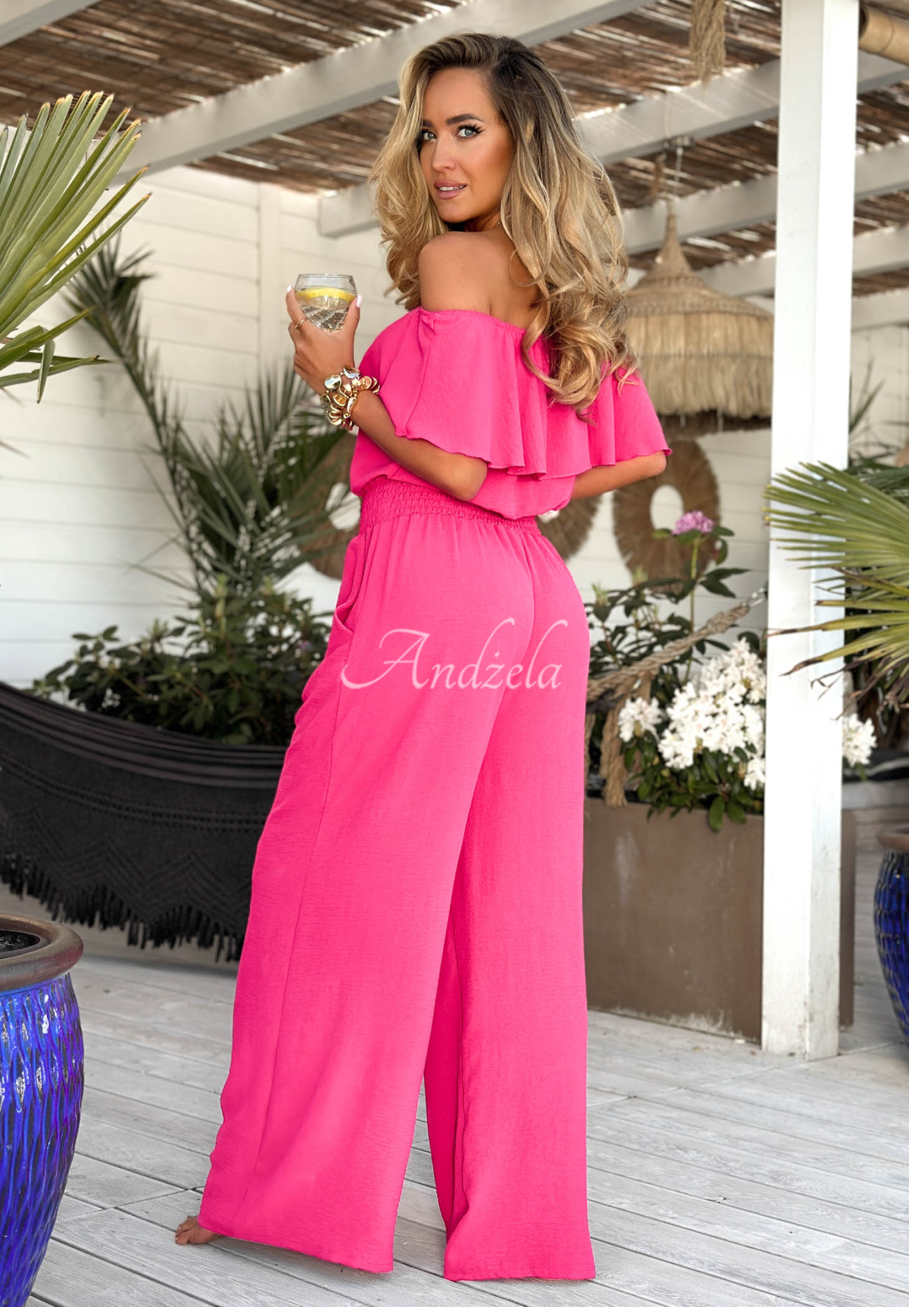Langer Offshoulder Overall Secret Lagoons Rosa
