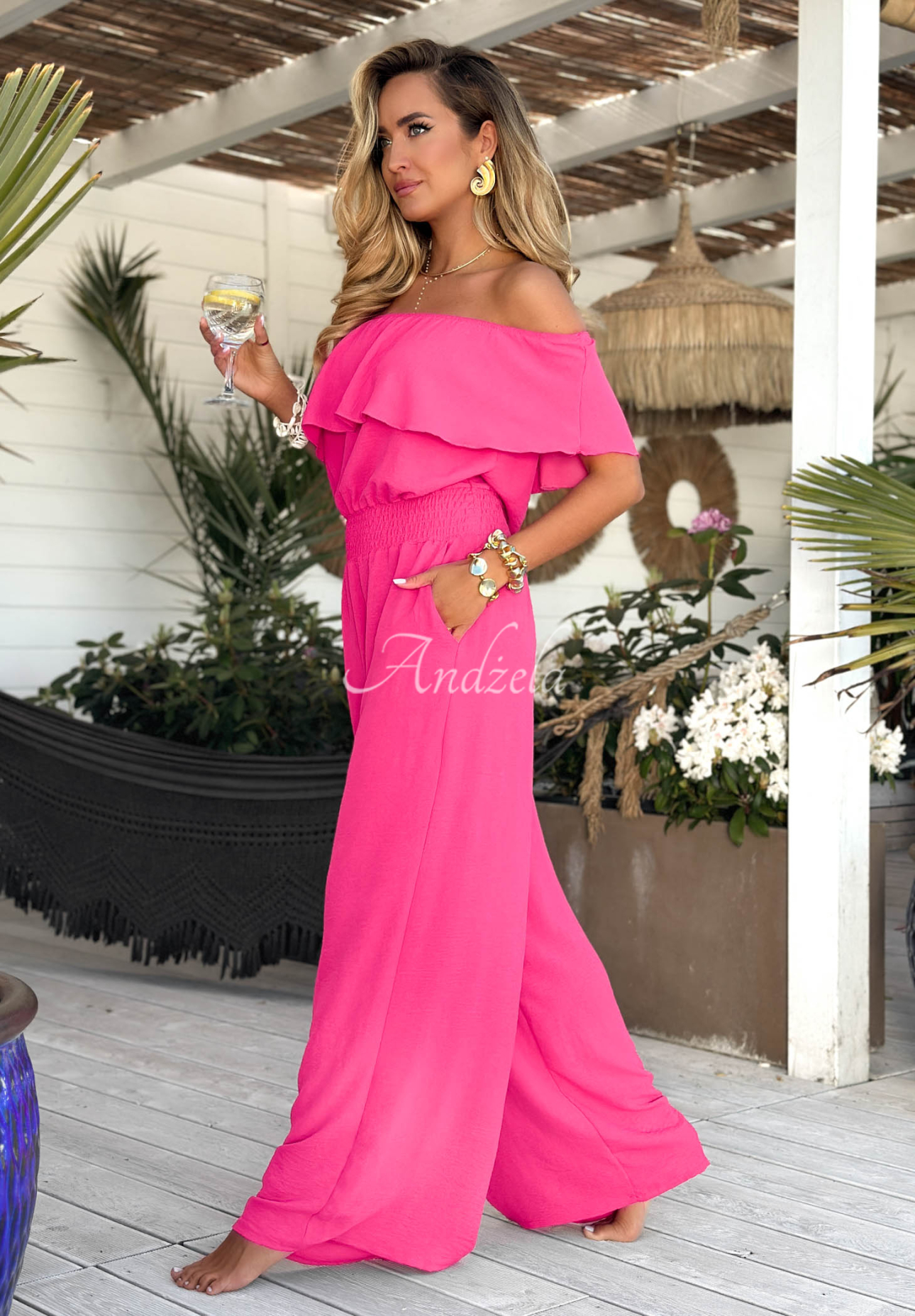 Langer Offshoulder Overall Secret Lagoons Rosa