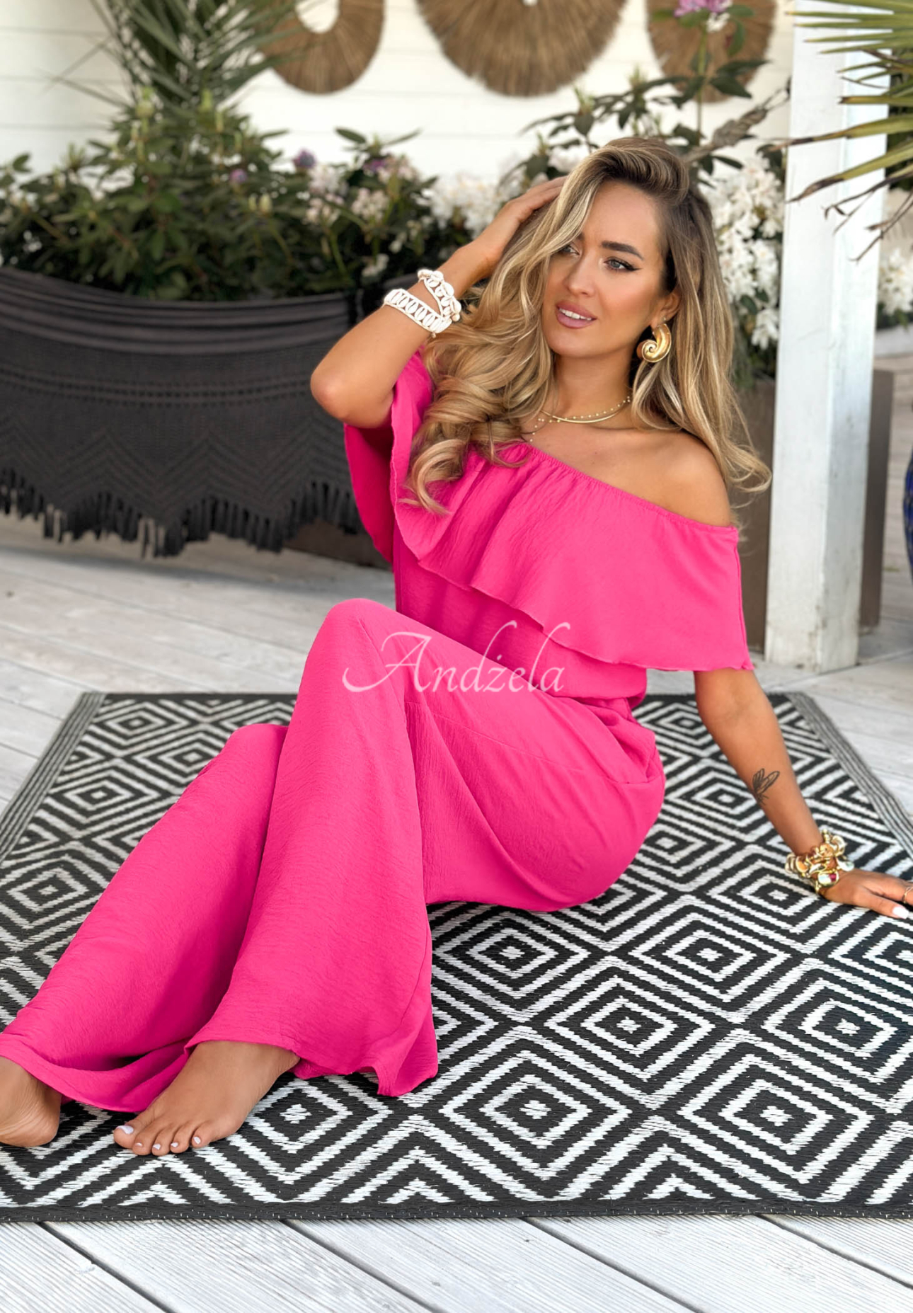 Langer Offshoulder Overall Secret Lagoons Rosa