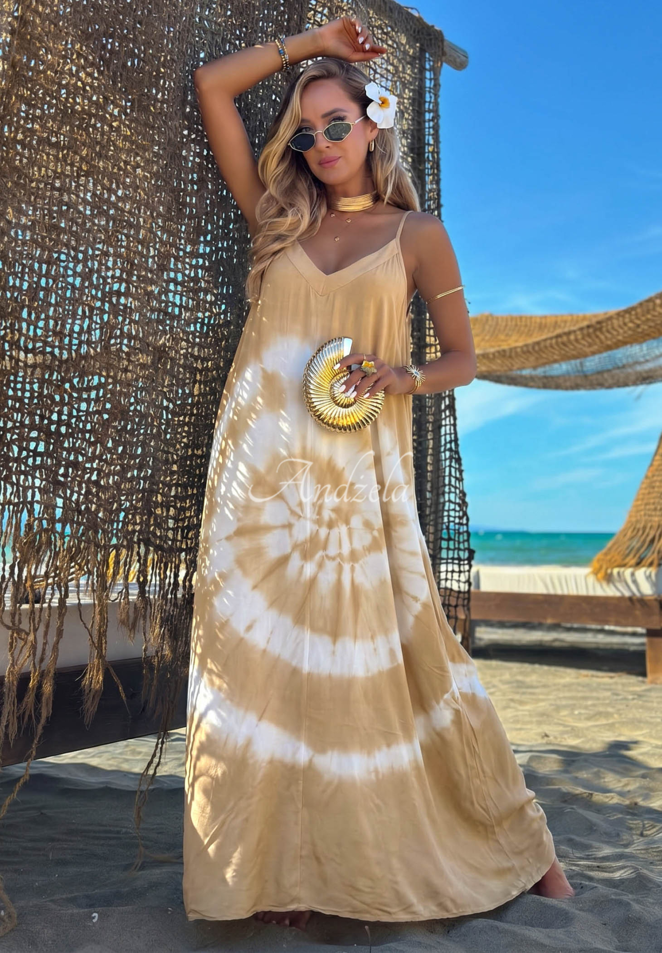 Maxikleid aus Viskose mit Batikmuster und Trägern Deep Sea Camel-Weiß