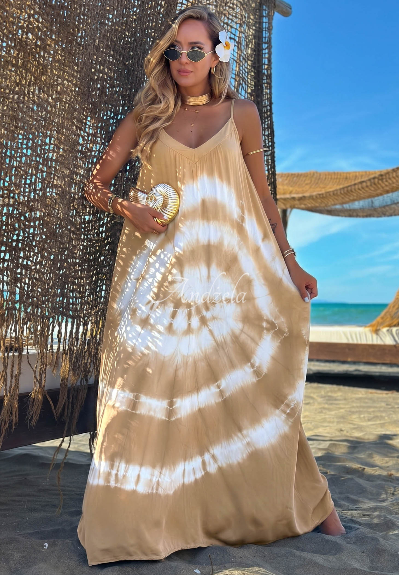 Maxikleid aus Viskose mit Batikmuster und Trägern Deep Sea Camel-Weiß