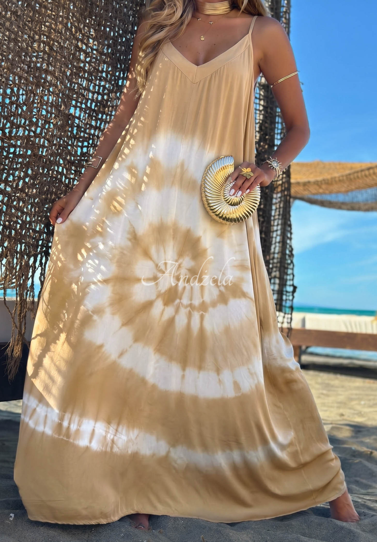 Maxikleid aus Viskose mit Batikmuster und Trägern Deep Sea Camel-Weiß