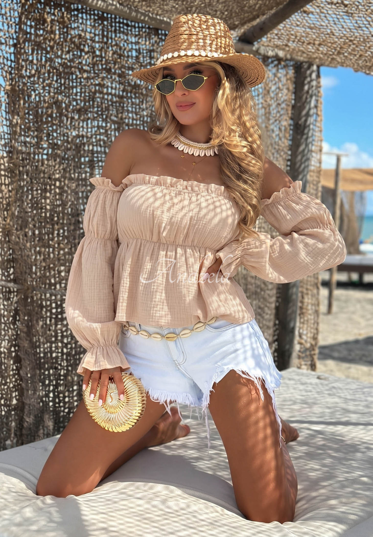 Offshoulder Musselinbluse Beach Air Beige