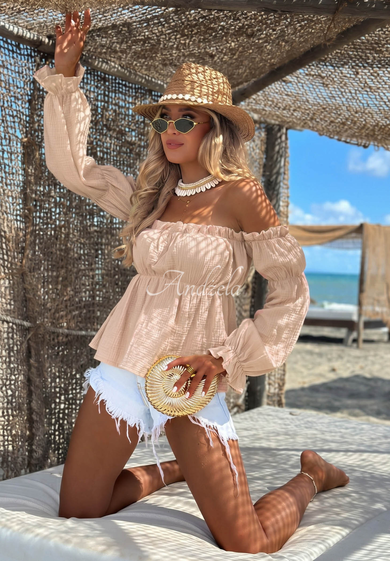 Offshoulder Musselinbluse Beach Air Beige