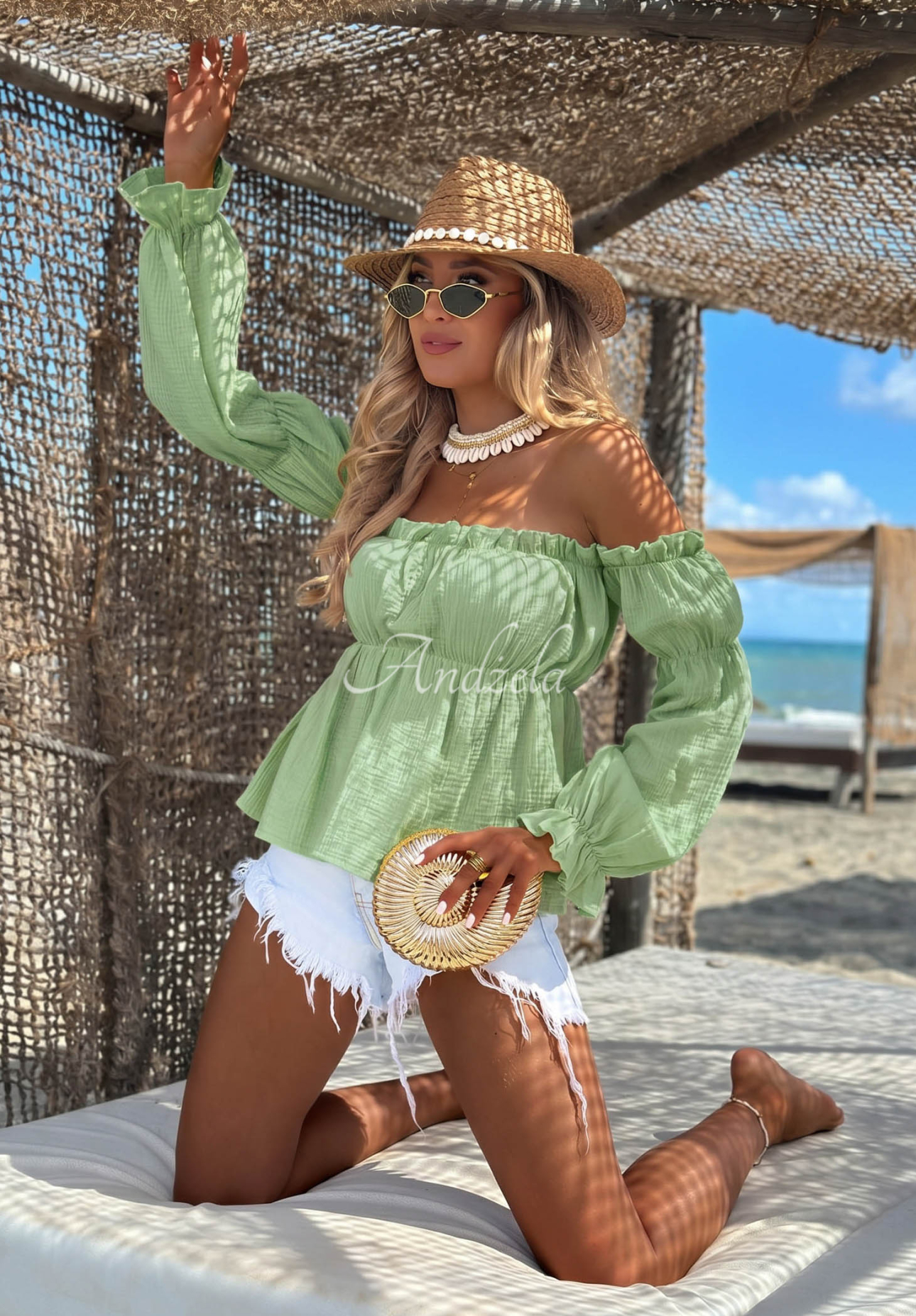 Offshoulder Musselinbluse Beach Air Pistaziengrün