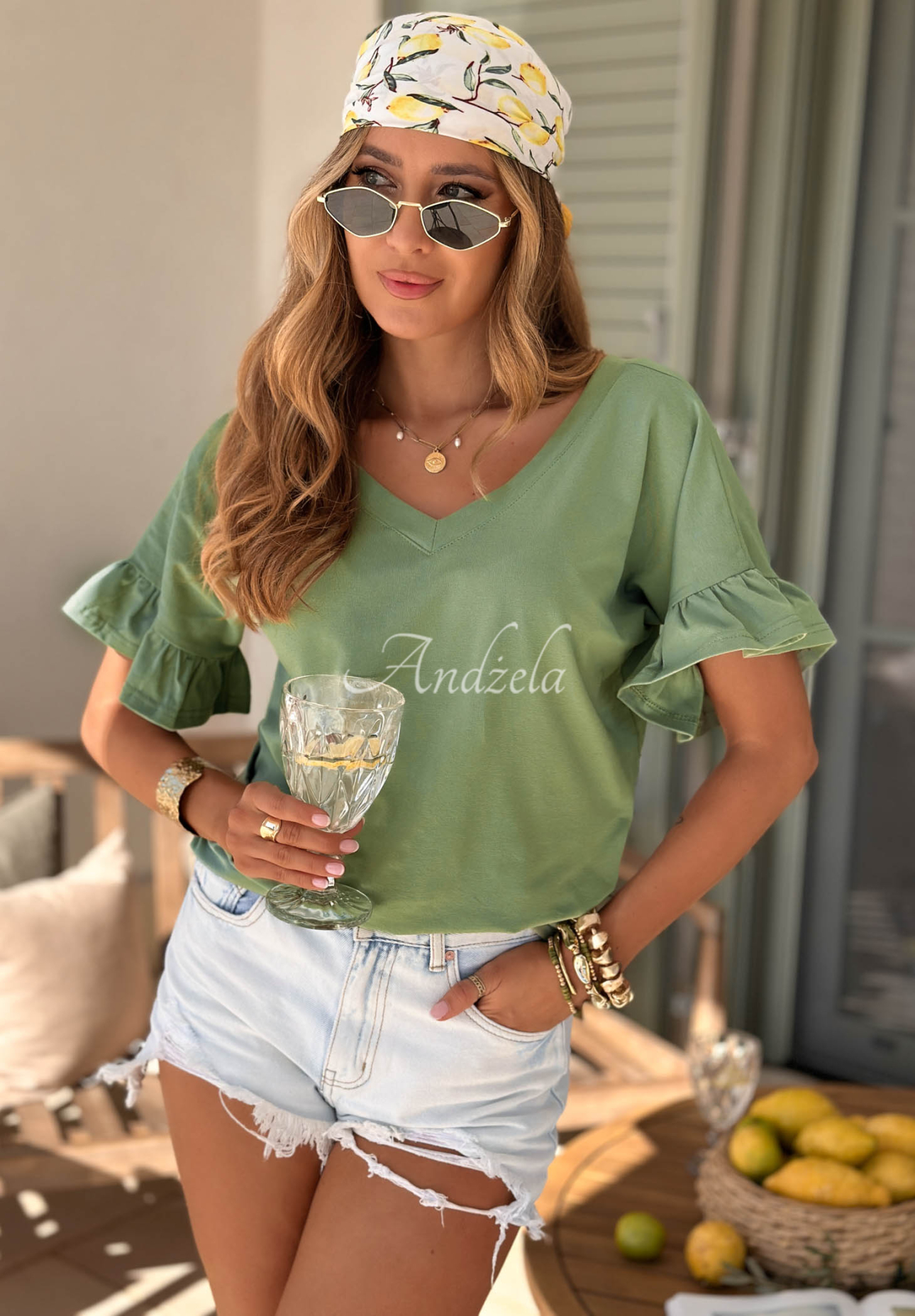 Baumwoll-T-Shirt mit Rüschen Ask For More Khaki