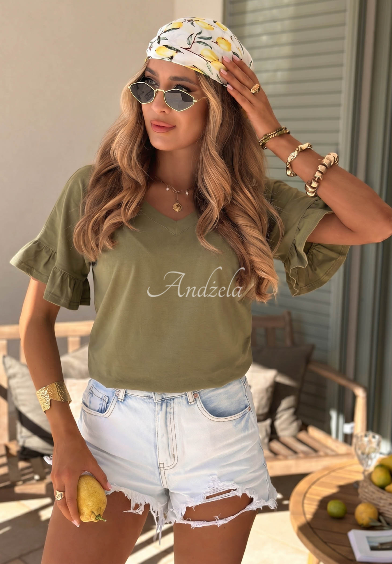 Baumwoll-T-Shirt mit Rüschen Ask For More Olivgrün