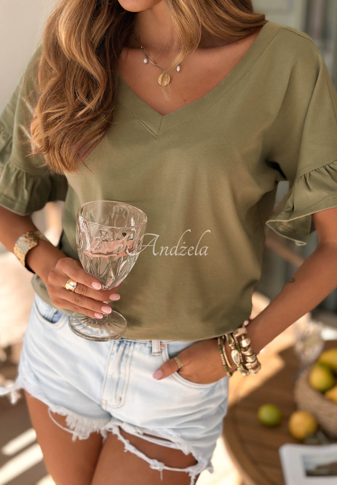 Baumwoll-T-Shirt mit Rüschen Ask For More Olivgrün
