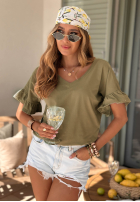 Baumwoll-T-Shirt mit Rüschen Ask For More Olivgrün