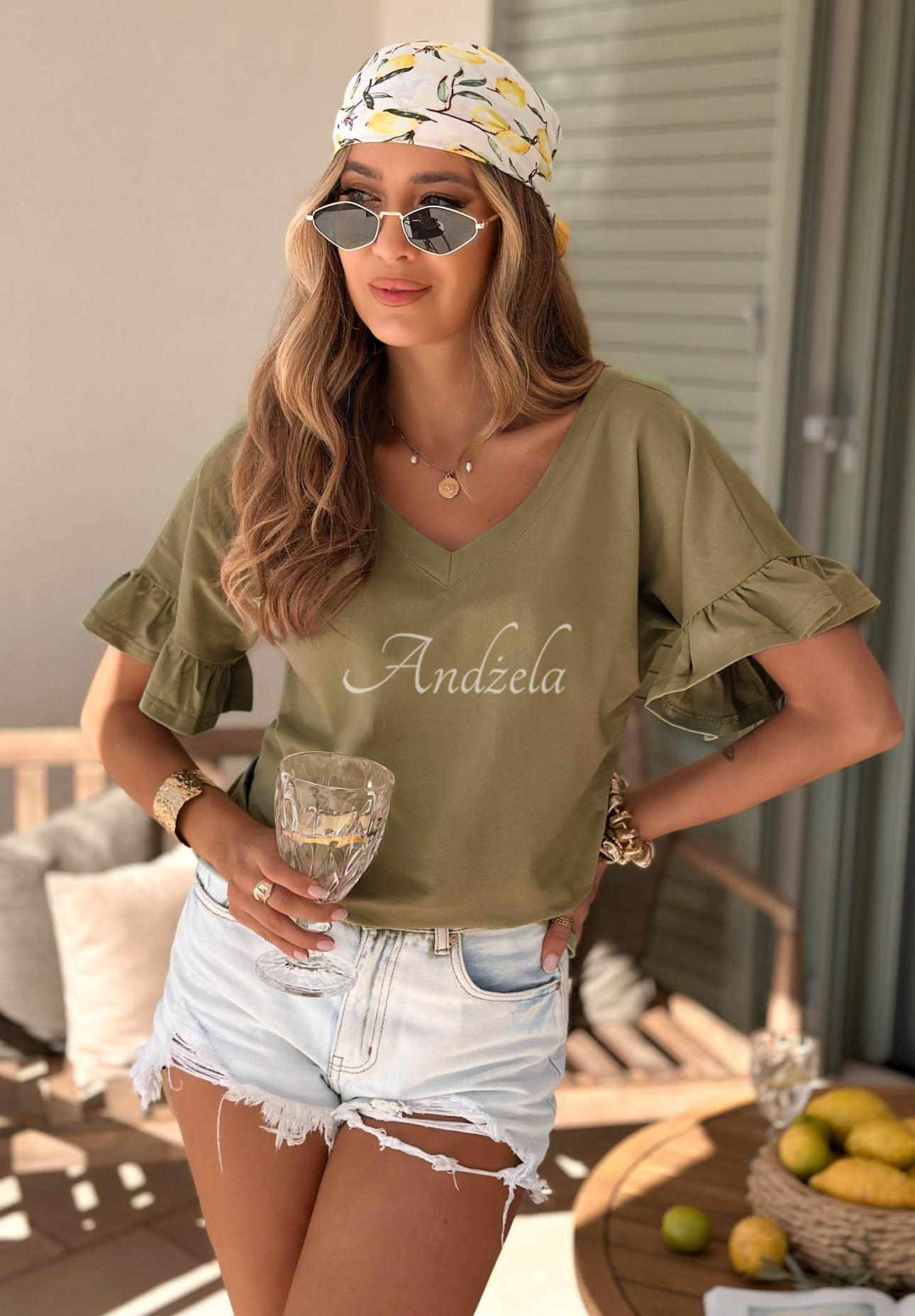 Baumwoll-T-Shirt mit Rüschen Ask For More Olivgrün