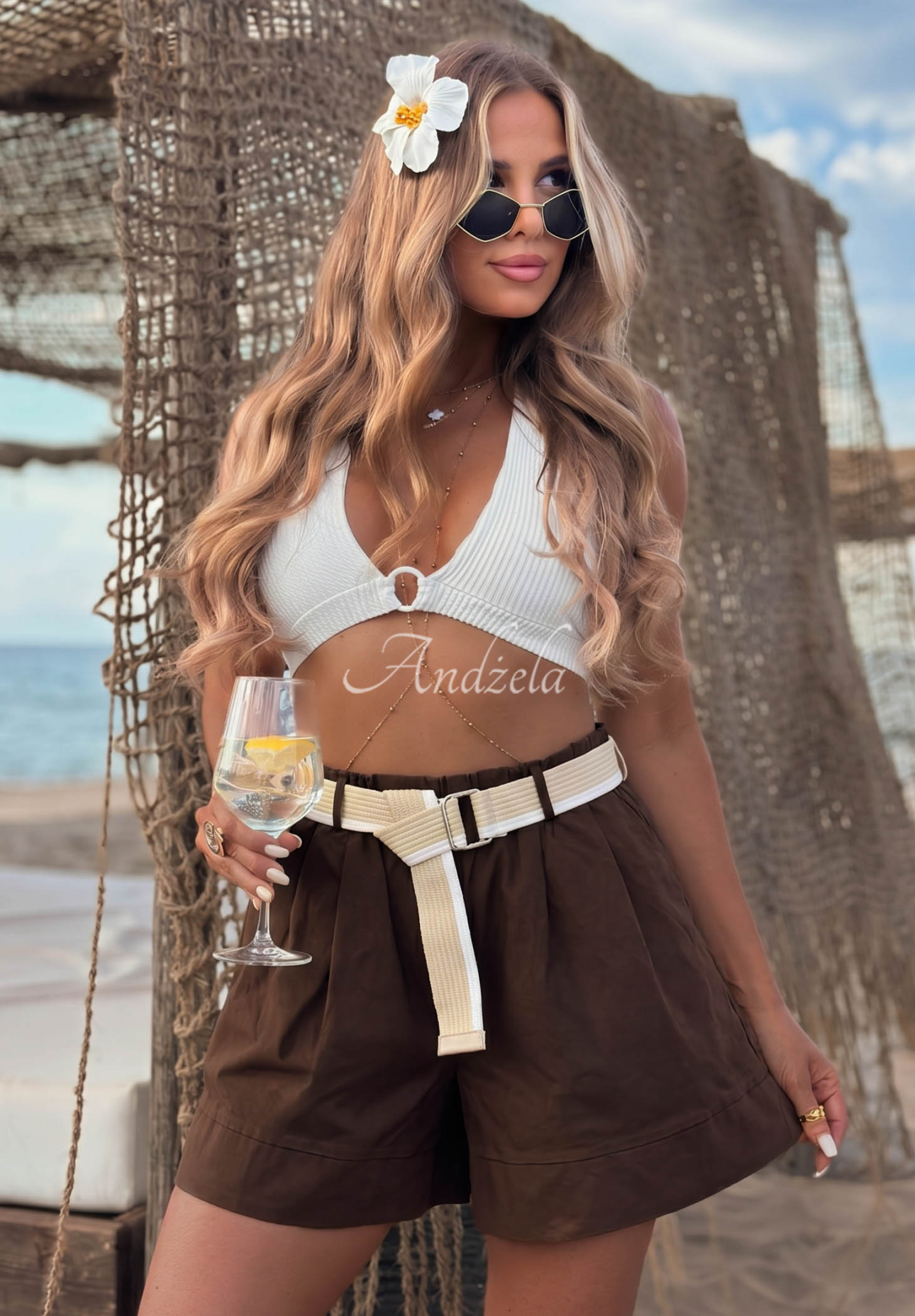 Kurze Viskose-Shorts mit Gürtel Safari Sun Schokoladenbraun