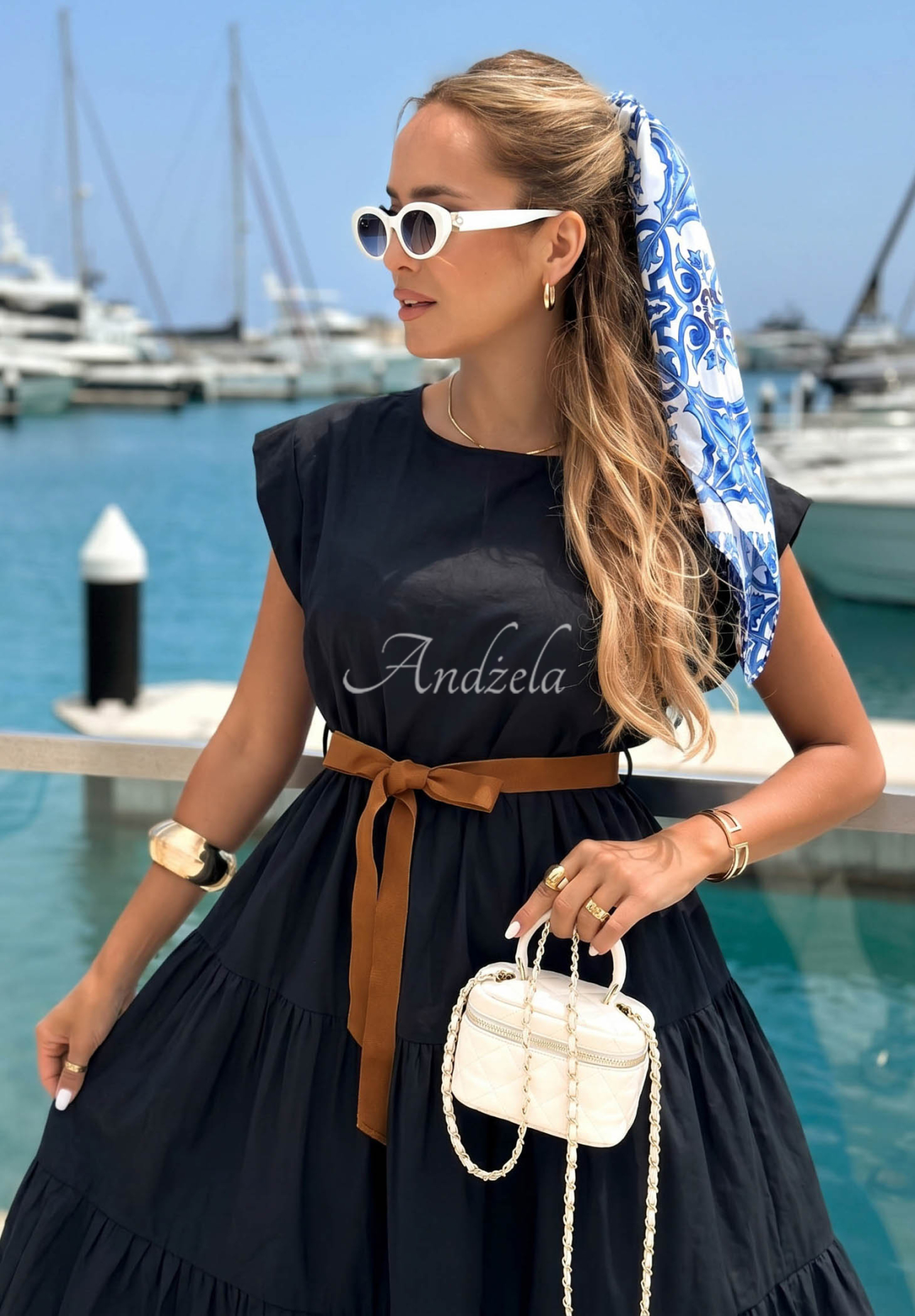 Baumwollkleid mit Rüschen und Gürtel Marina Royale Schwarz