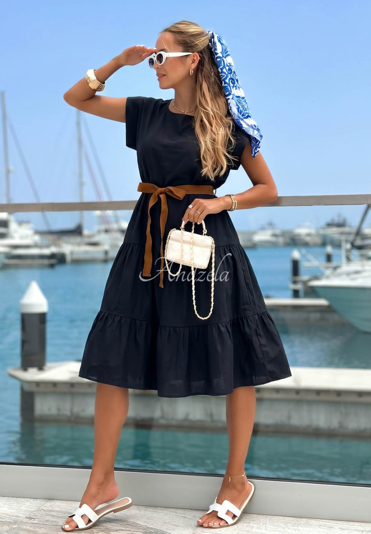 Baumwollkleid mit Rüschen und Gürtel Marina Royale Schwarz