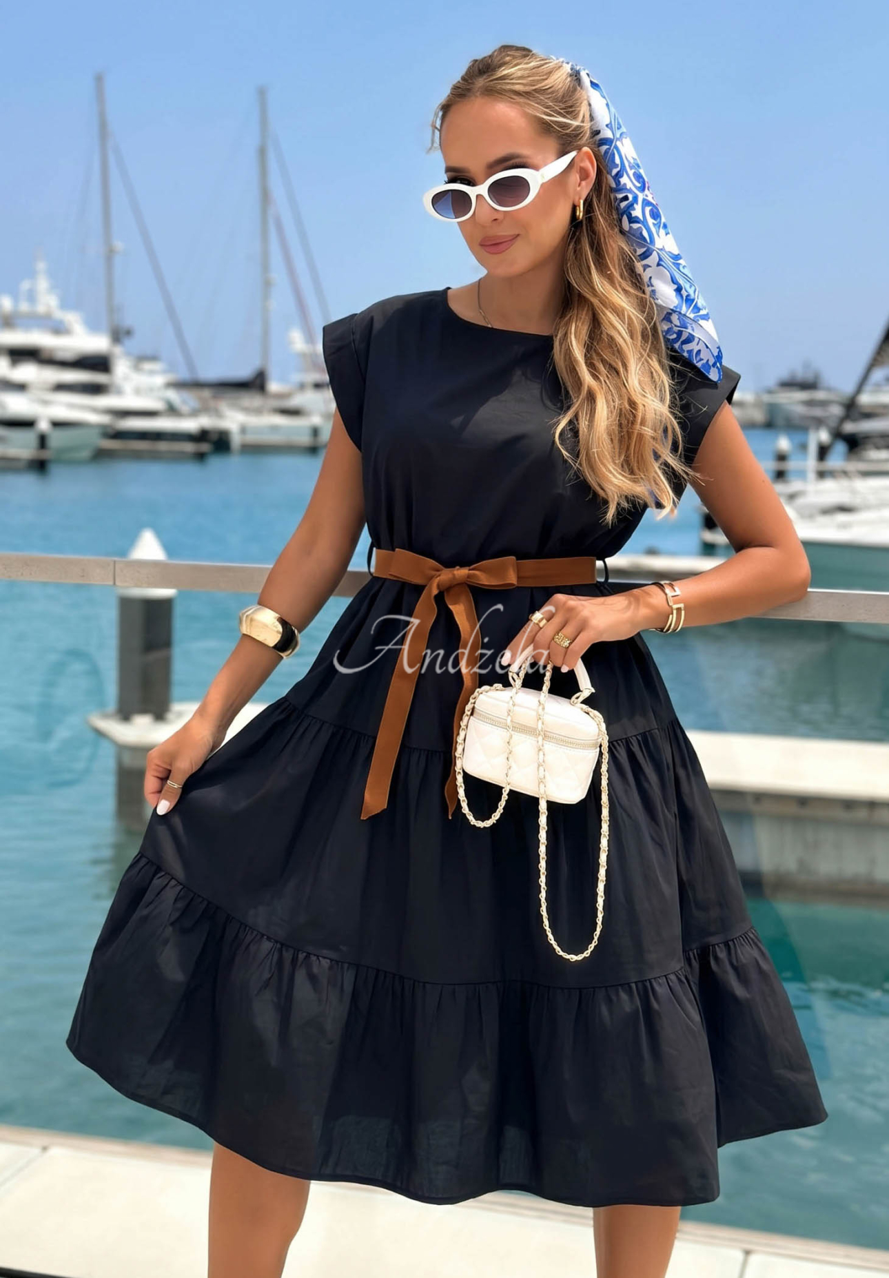 Baumwollkleid mit Rüschen und Gürtel Marina Royale Schwarz