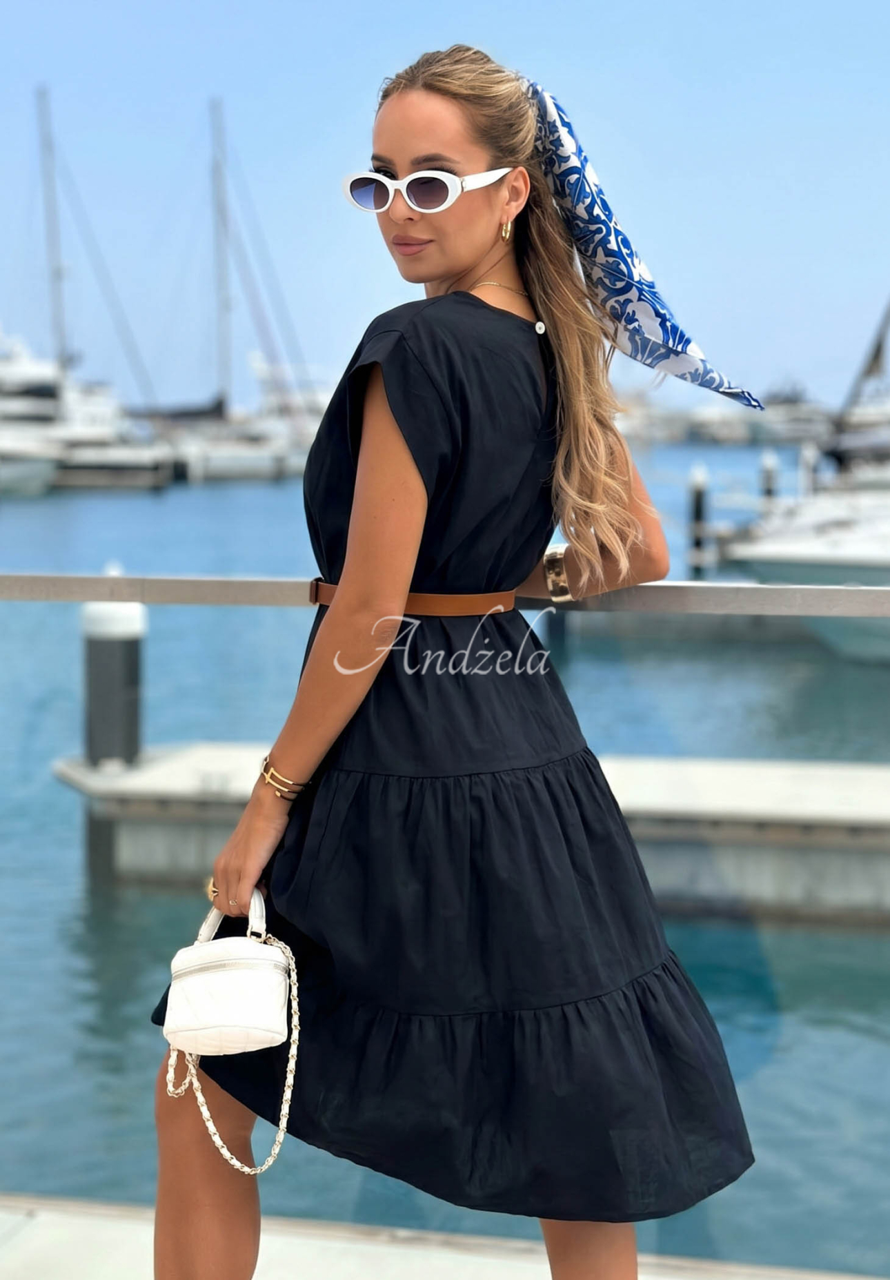 Baumwollkleid mit Rüschen und Gürtel Marina Royale Schwarz