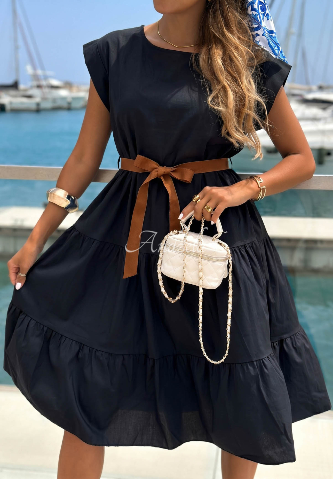 Baumwollkleid mit Rüschen und Gürtel Marina Royale Schwarz